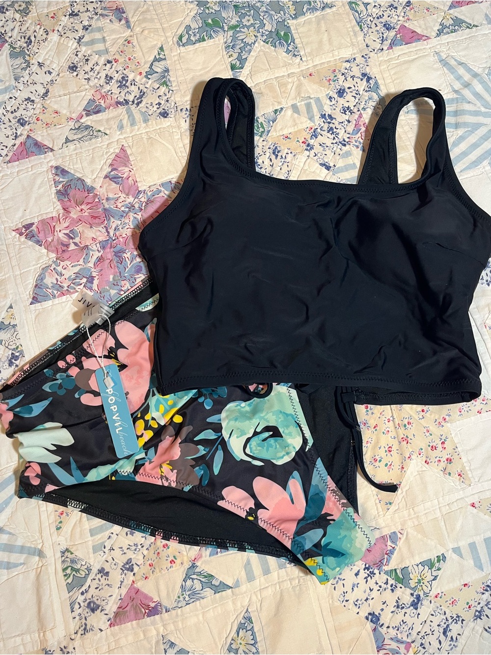 Black Cropped Tankini Top with Floral Bikini Bottoms